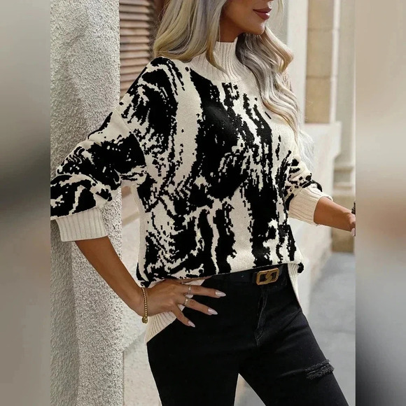 Graphic Pattern Mock Neck Drop Shoulder Sweater - Picture 6 of 6